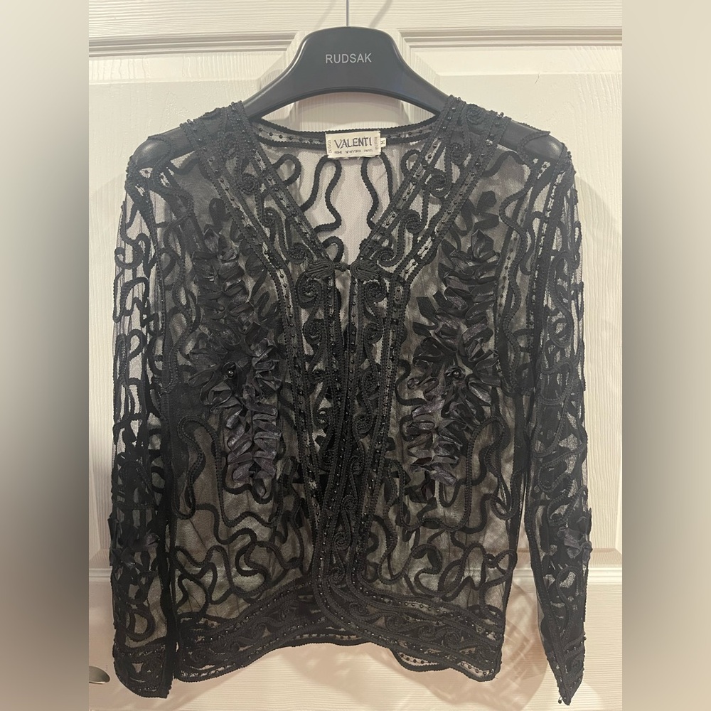 Valenti Black Lace Women Top sheer mesh jacket medium cover up longsleeves beads